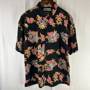 Robert Stock Mens L Black Hawaiian Shirt Motorcycles Floral Print Short‎ Sleeve